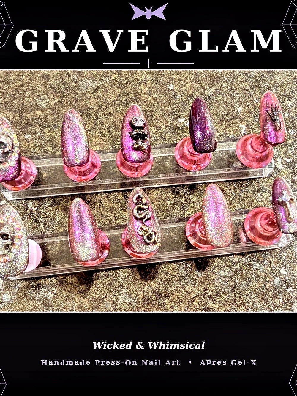 Grave Glam Handmade Press-On Nail Art in Pink & Purple NWT
